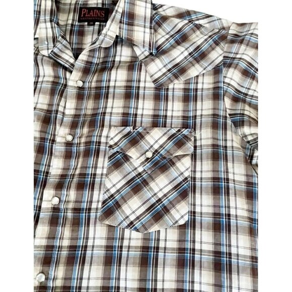 Plains Western Wear Men’s Sz M Brown & Blue Short Sleeve Pearl Snap Shirt - Picture 7 of 8